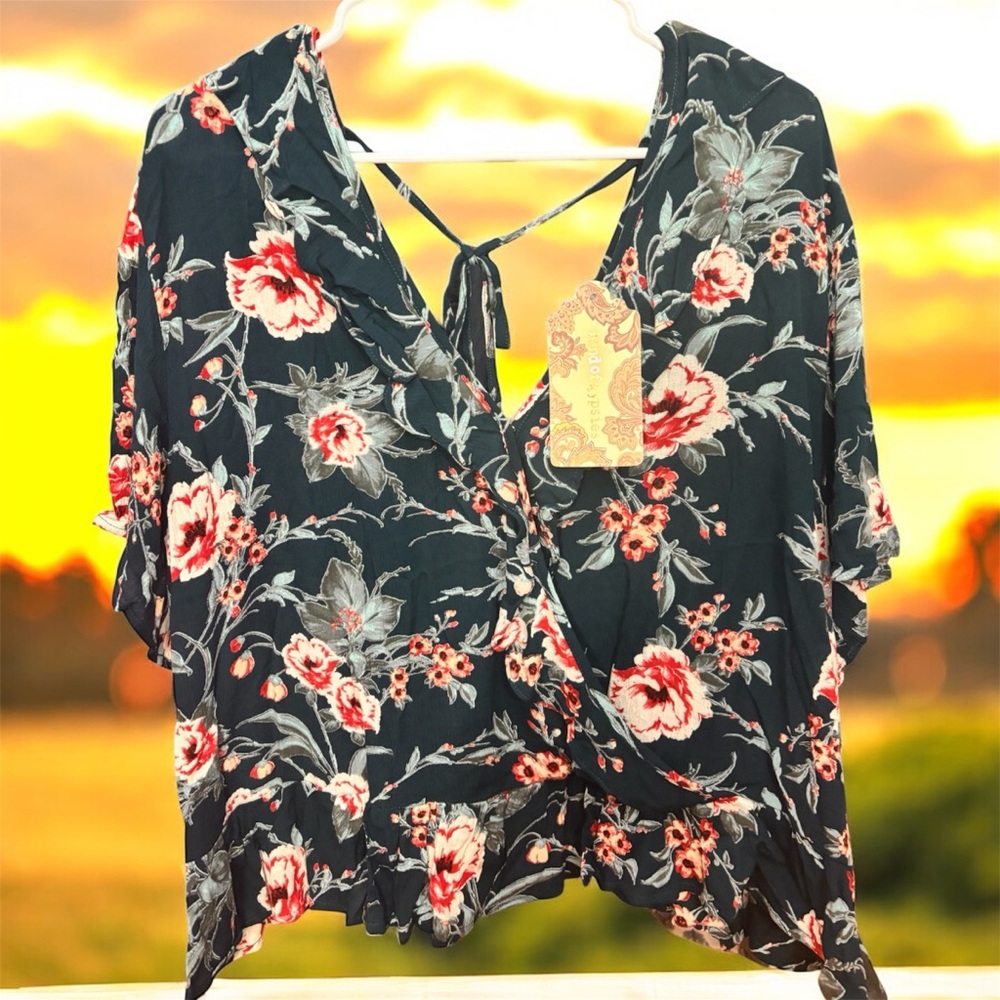 Band of Gypsies Floral Wrap Blouse - Black and Red